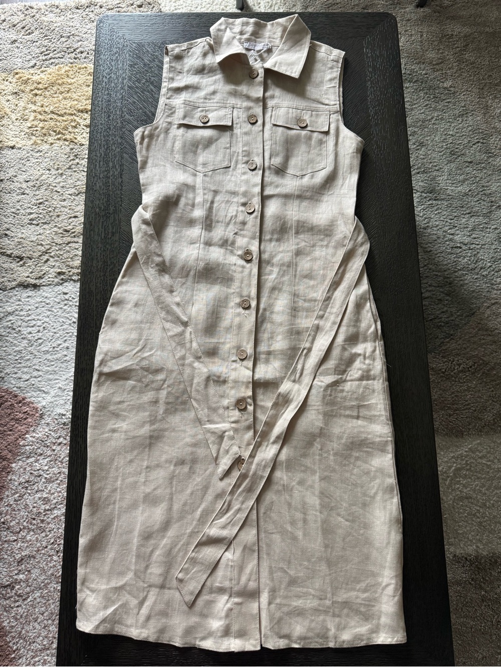 Olivaceous 100% linen sleeveless button down shirt dress with belt